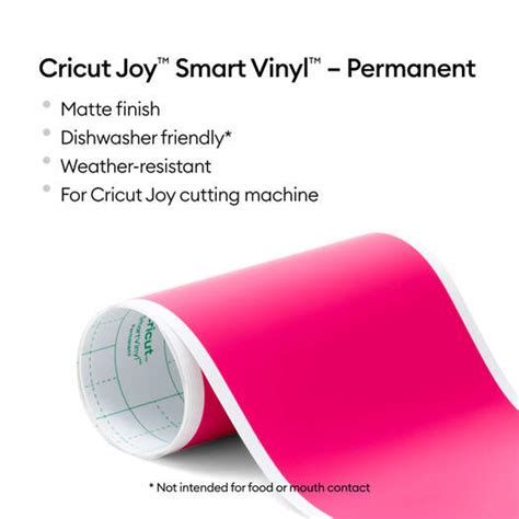 2009841 - Cricut Joy Permanent Smart Vinyl Party Pink; 1 roll 5.5 in x 48 in (13.9 cm x 121.9 cm); Matte finish; Works without a machine mat – just load & go!; Dishwasher friendly; Weather-resistant, ideal for outdoor projects; For Cricut Joy™